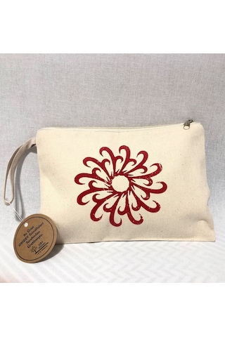 Obidev Tahta Baskı Dairesel Çiçek Desenli Clutch ,portföy Çanta,makyaj Çantası Krem