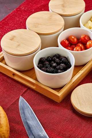 Cooker Leo 6'lı 10 Cm Porselen Bambu Kapaklı Tepsili Kahvaltılık Seti Ckr3930 Beyaz