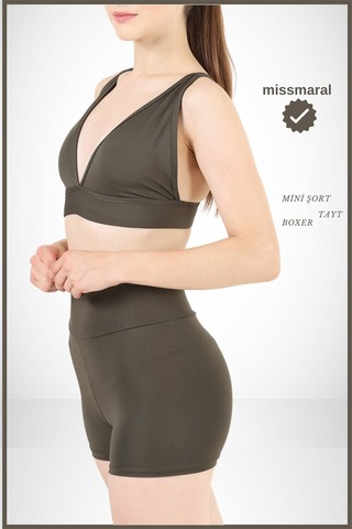 Kadın Haki Yüksek Bel Toparlayıcı İç Göstermeyen Boxer Şort Deniz, Havuz & Günlük Kullanım İçin Haki