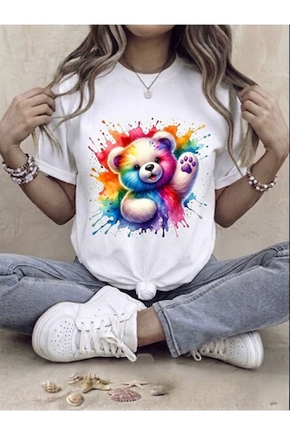 Sulu Boya Efektli Teddy Bear Baskılı Kompak T-shirt Beyaz