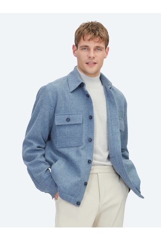 Kip Mavi Düz Regular Fit Uzun Dokuma Yün Karışımlı Overshirt