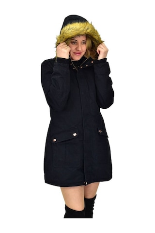 Büyük Beden Çıkarılabilir Kapüşonlu Kürk Astarlı Kadın Gabardin Kaban Siyah