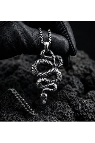 Paslanmaz Çelik Antik Gümüş Renk Gotik Stil Mistik Snake Yılan Kolye