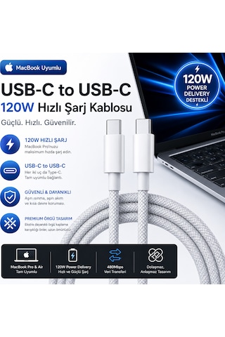 Apple Macbook Uyumlu120w Usb-c To Usb-c Hızlı Şarj Ve Veri Aktarım Kablosu Hasır Örgülü Dayanıklı Tasarım 2 Metre Senalstore