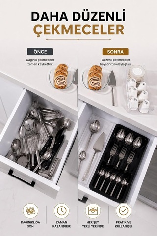 Çekmece İçi Kaşıklık Organizer Bölmeli Mutfak Düzenleyici Siyah S-11030 Çok Renkli