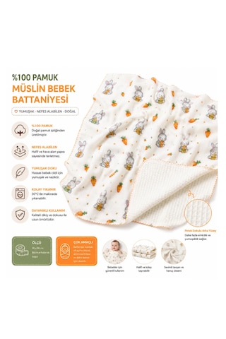 Müslin Bebek Battaniyesi %100 Pamuk Çift Katlı Waffle Dokulu Tavşan Desenli Çok Amaçlı Örtü Beyaz