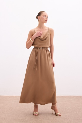 Sateen Kemerli Uzun Etek - Vizon-136083 Vizon