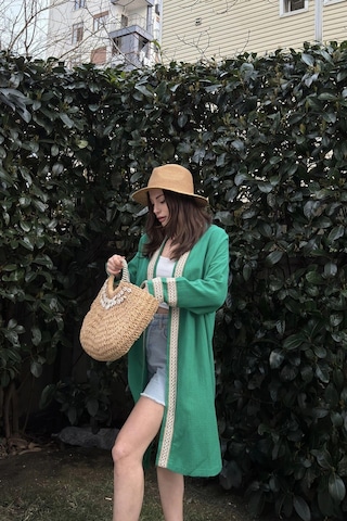 Kadın Yeşil Müslin Kumaş, Hasır Şerit Detaylı Salaş Kimono Ceket Yeşil