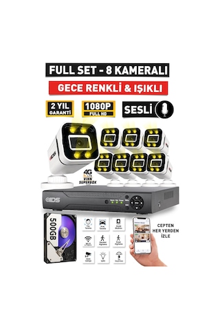 Sesli - 8 Kameralı Fullhd Gece Renkli Ve Işıklı Güvenlik Kamerası - Kamera Seti 500gb Disk
