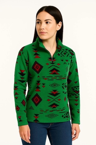 Mbb E-ticaret Kadın Yarım Fermuarlı Desenli Polar Sweat Tribal Etnik Desen Yakalı Uzun Kollu - Yeşil Çok Renkli