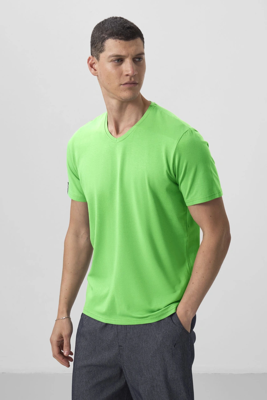 Neon Yeşil Basic Kısa Kol Standart Kalıp V Yaka Erkek T-shirt - 87912 Neon Yeşil