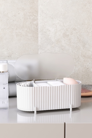 Maxi Home Aura Kapaklı Makyaj Organizer Toz Korumalı Kozmetik Düzenleyici Masaüstü Fırçalık Beyaz