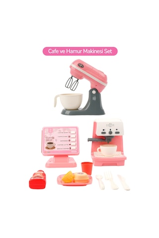 Kutulu Işıklı Oyuncak Kahve Makinesi Ve Mikser Set Pembe