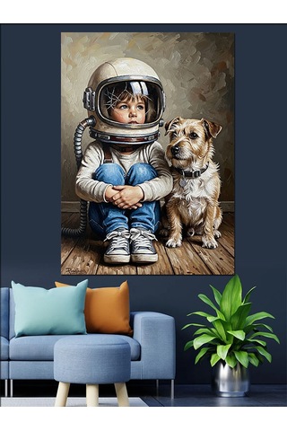 Ahşap Tablo Astronot Çocuk Ve Köpek Dostu Hayvan Tabloları