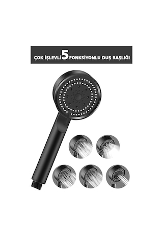 Mainshop 1 Adet Turbo 5 Fonksiyonlu Su Tasarruflu Siyah Ayarlanabilir Fonksiyonlu El Duş Başlığı Siyah