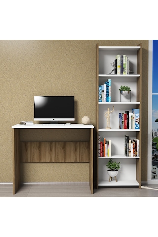 Ferniso Mobilya Çalışma Masası+5 Bölmeli Kitaplık Ceviz-beyaz Ceviz  -  Beyaz