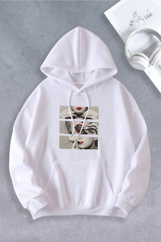 Ciel Lune Unisex Kadın Erkek Sigara Dudak Modeli Oversize Sweatshirt Beyaz Beyaz