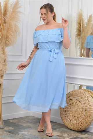 Dip Moda Kadın Şifon Kuşaklı Büyük Beden Elbise Dpnb8061 Bebe Mavisi Bebek Mavisi