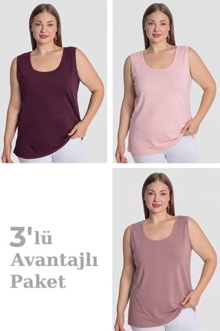 Floranova Özel Seri Ferah Konforlu Giyim Kadın Pamuklu Büyük Beden Kalın Askılı Atlet 3'lü Paket Gül Kurusu Pembe Mürdüm