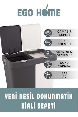 Mote Ikili Dokunmatik Kirli Çamaşır Sepeti Çift Bölmeli Otomatik Kapaklı 80 Lt Gri