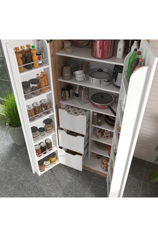 90 Derece Açılabilir 2 Kapaklı, 3 Çekmeceli, Kavanoz Raflı Kiler Ve Erzak Mutfak Dolabı Atlantik Çam Beyaz