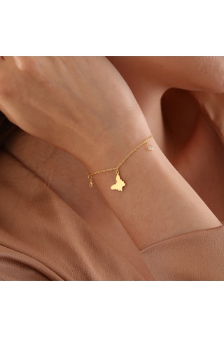 Queen Silver Jewelry 925 Ayar Gümüş Kelebek Objeli Zirkon Taş Sallantılı Bileklik Altın