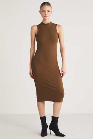 Grımelange Pannı Kadın Bisiklet Yaka Kolsuz Slim Fit Midi Kahverengi Elbise