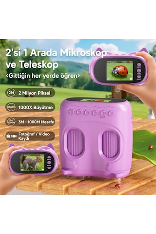 387 Mor 2'si 1 Arada Dijital Çocuk Mikroskobu & Dürbün - 1000x Büyütme, 1000 Metre Menzil, 2 Mp Full Hd Ekranlı Eğitici Bilim Kiti