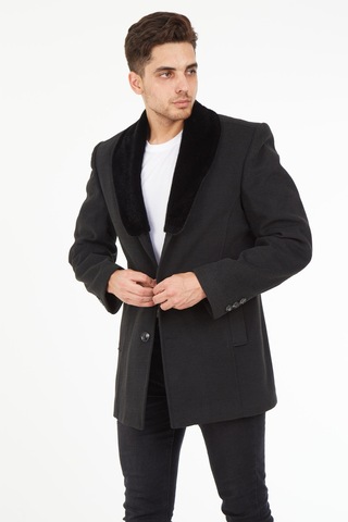 Sposo 1661 Yaka Kürkü Çıkmalı Yünlü Kaşe Füme Erkek Kaban Füme