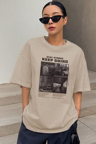 Unisex Keepgoing Baskılı Tasarım Tshirt Bej