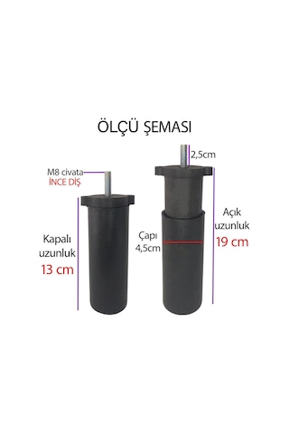 2 Adet Ayarlı Destek Ayağı 13 X 19 Cm Siyah Gizli Ayak Mobilya Kanepe Baza Koltuk Dolap Tv Ünitesi