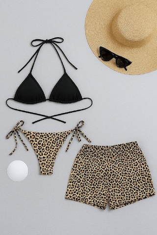 Epilons Zenvial Kadın 3'lü Set Siyah Ve Leopar Desenli Şortlu Yandan Bağlamalı Bikini Mayo Takımı Zenviall2 Çok Renkli