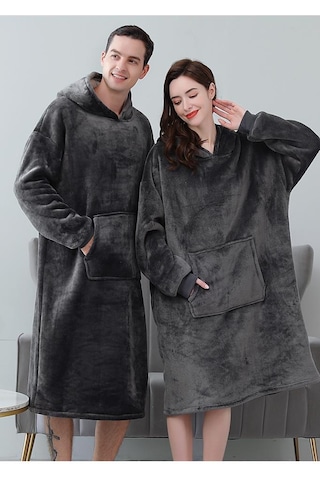 Wellsoft Kapşonlu Giyilebilir Tv Battaniyesi Unisex Over Size - Antrasit Beyaz