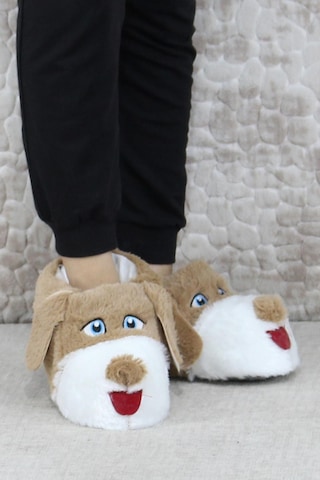Fort Sevimli Köpek Figürlü Peluş Panduf Hayvanlı Yumuşak Kadın Panduf Kahve Kahverengi