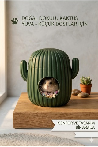 Hamster Evi - Kaktüs Tasarımlı Konforlu Kemirgen Yuvası Dekoratif Kafes İçi Küçük Hayvan Evi