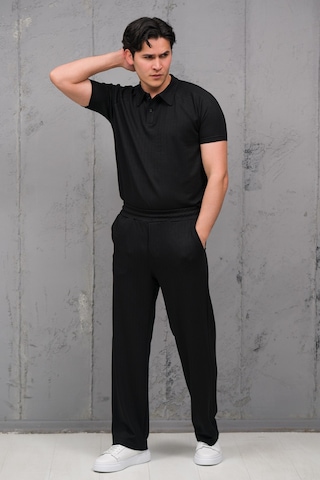 Mass Plus Regular Fit Likralı Kendinden Çizgili Yarım Baggy Pantolonlu T-shirt Takım Siyah
