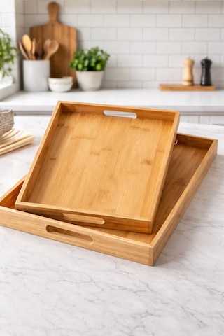 Makri Home %100 Bambu 2 Li Tepsi Seti, Büyük Tepsi: 38 X 27 X 3 Cm, Küçük Tepsi: 35 X 23 X 3 Cm Sarı