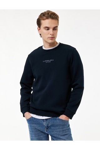 Koton Üç İplik Şardonlu Regular Fit Bisiklet Yaka Uzun Kollu Baskılı Sweatshirt Lacivert 7wam70036mk