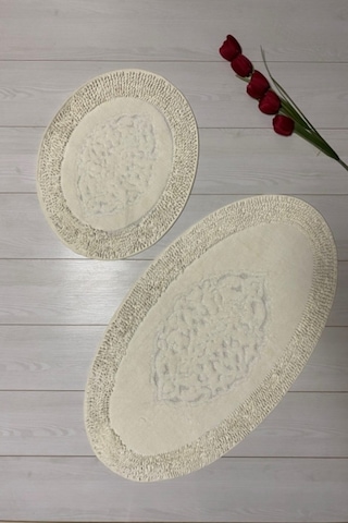 Oval Pamuk Makarna Damaks 2'li Klozet Takımı Banyo Paspas Seti Beyaz Renkli