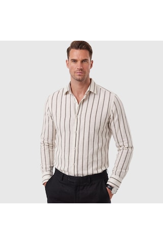 Deepsea Erkek %100 Pamuk Slim Fit Dar Kesim Keten Dokulu Çizgili Uzun Kollu Beyaz Gömlek 2600034