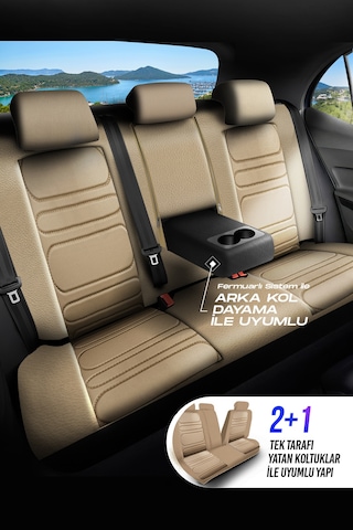 Bej - Bej Panda Rodos Serisi Deri Ortopedik Oto Koltuk Kılıfı - Tam Set