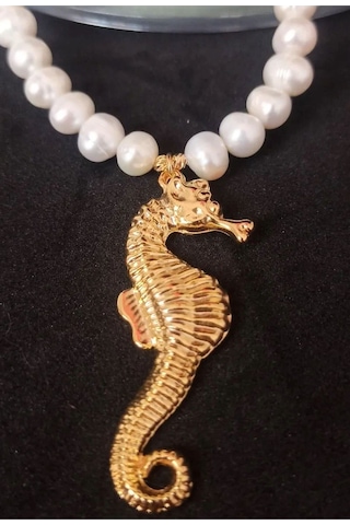 24k Altın Kaplama Gerçek İnci Deniz Atı Detaylı Tasarım Kolye Bey