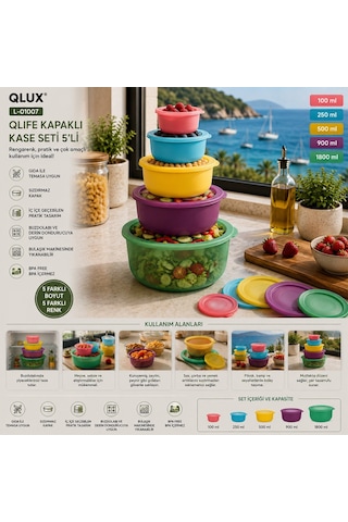 Qlux L-01007 Qlife 5'li Kapaklı Saklama Kabı Ve Kase Seti - Renkli- 12'li Paket Diğer