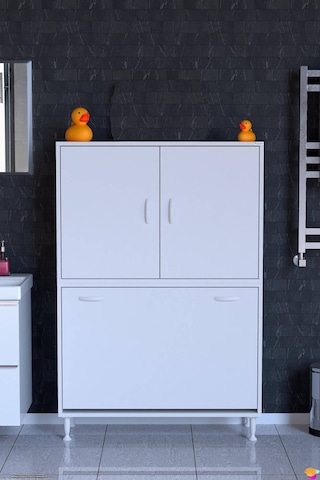 Deniz Kirli Sepetli Ve Kapaklı Raflı, Çok Amaçlı Banyo Dolabı - 90 X 138 X 32,5 Cm 90 Cm