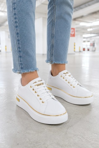 Mevese Elora Bağcıklı Konfor Taban Kadın Sneaker Beyaz/altın