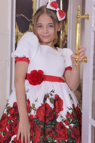 Riccotarz Kız Çocuk Kolları Ve Beli Şerit Detaylı Karpuz Kollu Eteği Tüllü Ve Gül Desenli Beyaz Elbise Beyaz