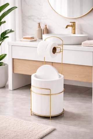 Lüx Gold Banyo Wc Tuvalet Kağıtlığı Çöp Kovası Takım Plastik Kova 6 Litre Paslanmaz Tel Beyaz