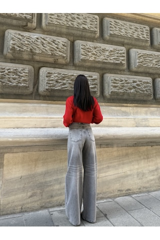 Out Of Standart Kadın Extra Wide Leg Yüksek Bel Geniş Paça Jean Pantolon Antrasit