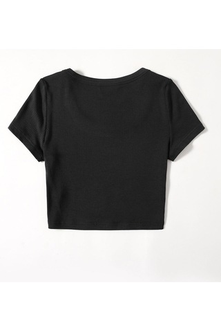 U Yaka Siyah Renk Fitilli Kısa Kollu Regular Crop Top Bluz Siyah