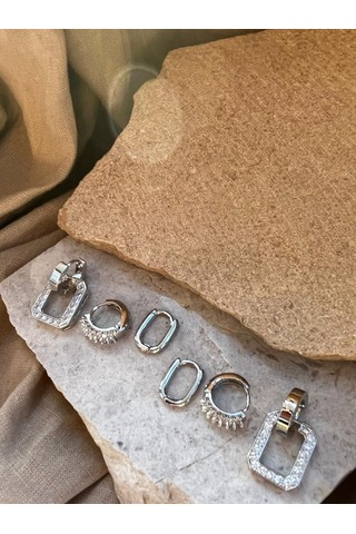 Gümüş Renkli Taşlı Altılı Küpe